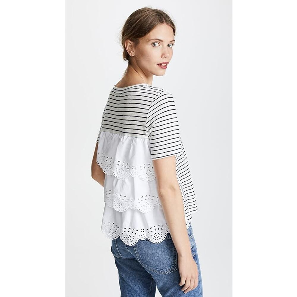 Joie Top Small Linen Striped Mixed Media Eyelet Lace Mikiyo White Navy Blue
